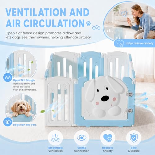 Puppy Play Pen for Indoors with Cute Dog Pattern Door (blue&white / 10 Fence Panels+1 Door)