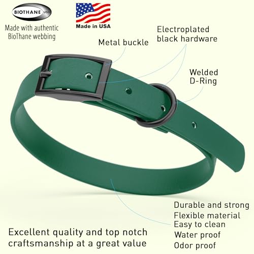 Biothane Waterproof Dog Collar Strong Coated Nylon Webbing with Black Hardware Odor (W5/8" x L12-15" / Hunter Green)