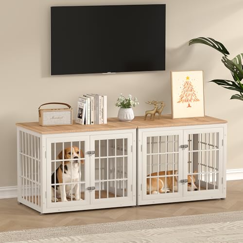 32" Heavy Duty Dog Crate Furniture for Small and Medium Dogs (White + Natural / 32.7"L x 23.6"W x 26.2"H)
