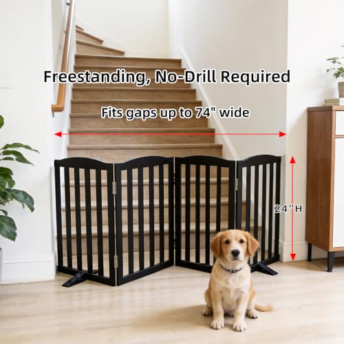 Foldable Freestanding Indoor Dog Gate for House Wood Long Pet Gates Dog Fence for Stairs Puppy Gates for Hallways (Black / 【4 Panels】80''w X 24''h)