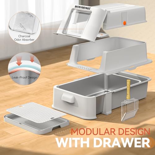 Enclosed Stainless Steel Cat Litter Box with Odor Control (Light Grey)