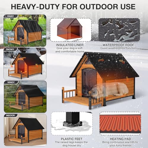 Heated Dog House Outdoor with Heating Pad Weatherproof Dog Kennel for Outside with Anti