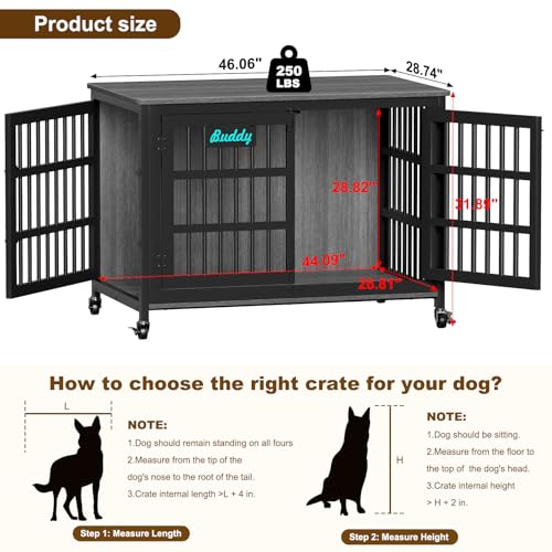 46"/43"/32" XXL Heavy Duty Dog Crate Furniture with Casters (46.14"L x 28.78"W x 35"H / Dark Grey)