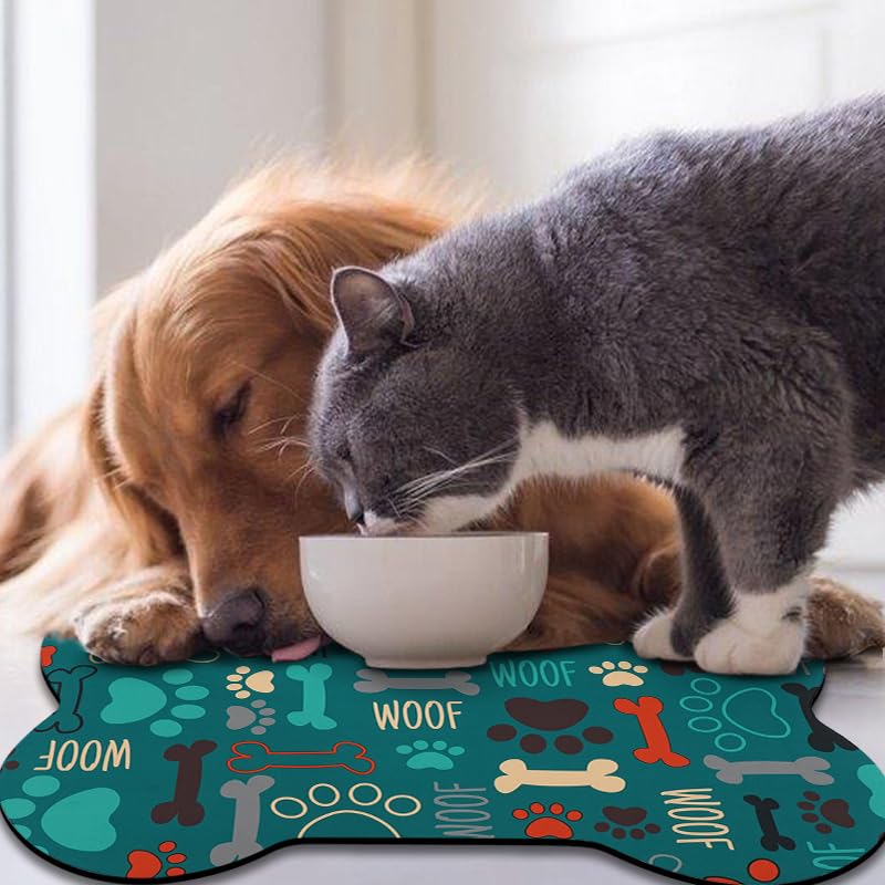 Dog Food Mats for Floors Waterproof (Green Bone / 25.5"L x 17"W)