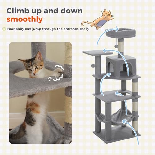 56.3in Multi Level Cat Tree for Indoor Cats (Plush Grey / Air(19.7"L x 15.8"W x 56.3"H))