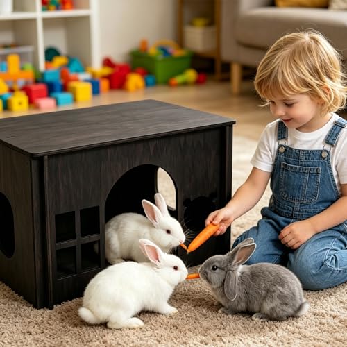 Large Sturdy Wooden Rabbit Castle Hideout with Spacious Balcony (Walnut Style 2 / Medium)