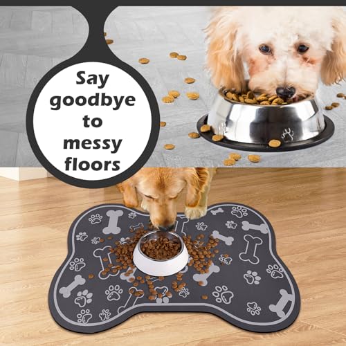 Dog Cat Food Mat (18"L x 12"W / Bone Shaped Dark Grey)