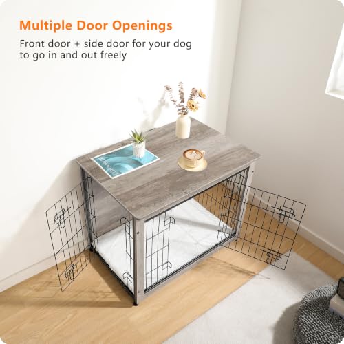 32.5" Dog Crate Furniture with Cushion (Greige / 32.5"L x 21.9"W x 25.6"H)