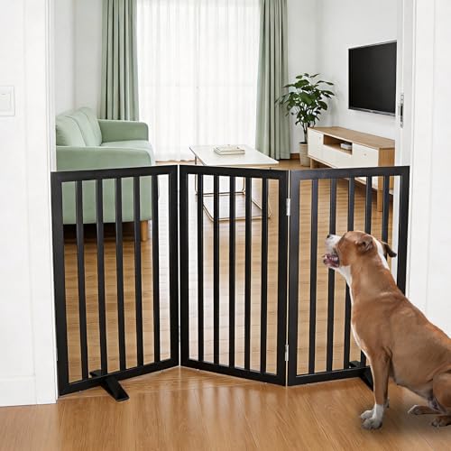 Freestanding Indoor Dog Gate for House Foldable Wood Puppy Gate for Doorways Pet Gate for Stairs Extra Wide Pet Fence (Black / 【3 Panels】60''w x 32''h)
