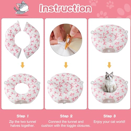 Cat Tunnel with Cat Bed for Indoor Cats (Pink)