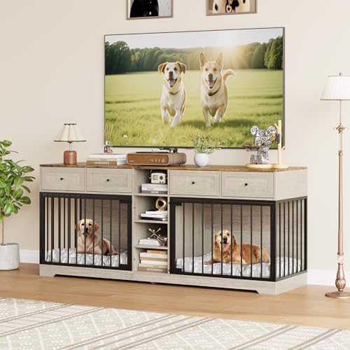 82" Double Dog Crate Furniture with Storage (Washed White / 81.9"L x 23.6"W x 33.5"H)