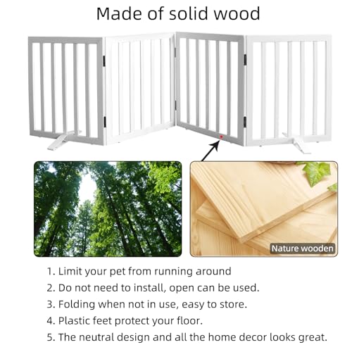 Freestanding Indoor Dog Gate for House Foldable Wood White Puppy Gate for Doorways Pet Gate for Stairs Extra Wide Pet Fence 24" Height 4 Panels (White / 【4 Panels】80''w x 24''h)