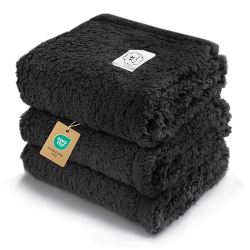 1 Pack 3 Calming Blankets Fluffy Premium Fleece Pet Blanket Soft Sherpa Throw for Dog Puppy Cat Black Small (Small (Pack of 3) / Black)