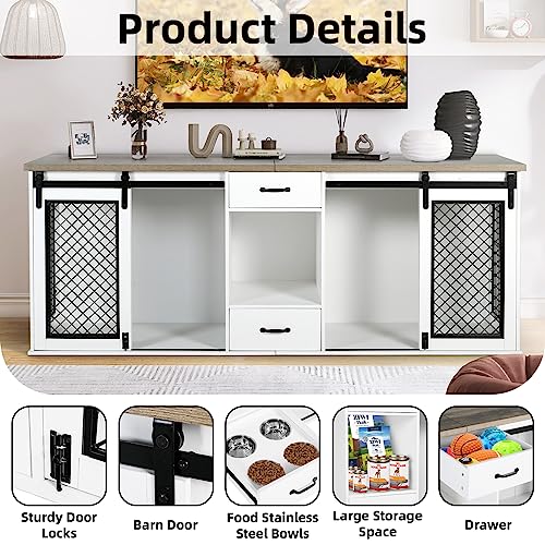 85" XXL Heavy Duty Wooden Double Dog Crate Furniture for Large Dogs Divided (85.0"L x 24.0"W x 33.0"H / White)