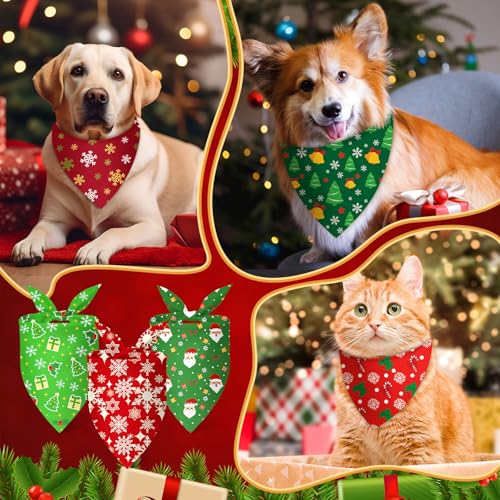 100 Pcs Christmas Dog Bandanas Bulk Red Green Santa Snowflake Pattern (25.6 x 17.7 x 17.7 Inch / Christmas)