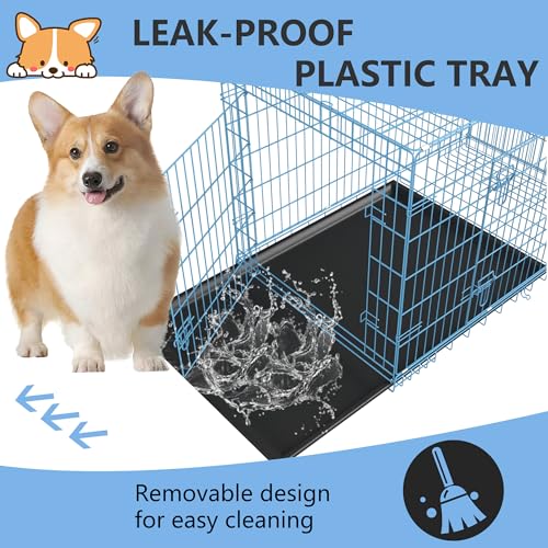 30 inch Dog Crate Dog Kennel Cage with Double Door Folding Metal Wire Dog Cage with Removable Tray&Divider Panel (Blue / 30.0"L x 18.0"W x 20.0"H)