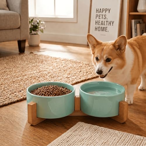 Ceramic Dog and Cat Bowl Set with Wooden Stand (3.6 cups / Morandi Green × 2)