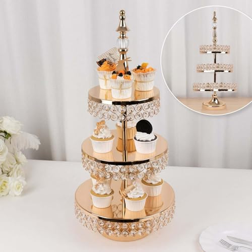 Efavormart 3 Tier Crystal Beaded Gold Metal Cake Stand (3-Tier 26" Crystal / Gold)