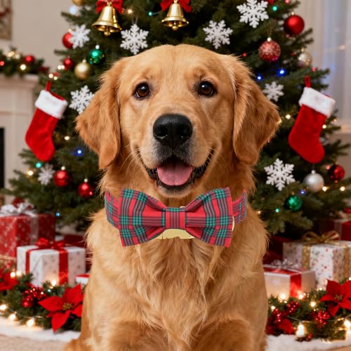 Christmas Dog Collar with Bow Red Green Plaid Cotton Puppy Collars for Small Medium Large Dogs (Medium / Red Green Plaid)