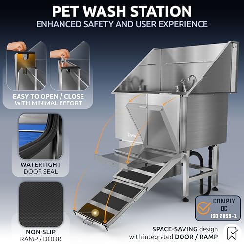 Professional Dog Washing Station 304 Stainless Steel Pet Wash Sink (Silver, Right Ramp, 1 Drawer / 40 Inches)