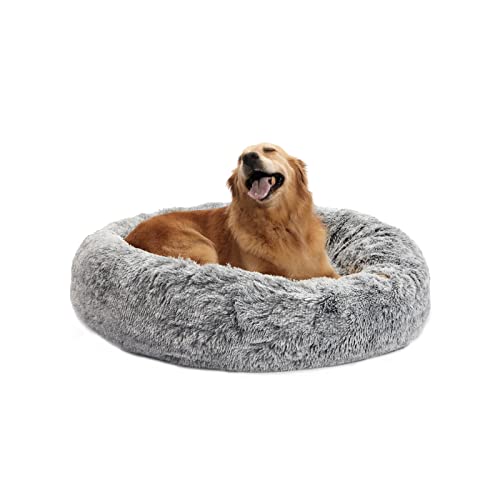 Calming Fluffy Donut Dog Bed for Large Dogs (36.0"L x 36.0"W x 8.0"Th / Dark Grey)