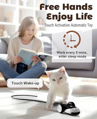 3-in-1 Interactive Cat Toy - 2-Speed Automatic Moving Mouse Cat Toys Self Play with 2pcs Hanging Feather String Ribbon and Wiggly Silicone Mice Tail for Bored Indoor Adult Cats Kittens (Black)