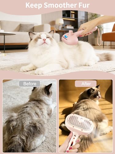 3 in 1 Dog Cat Steam Brush with Storage Rope for Shedding Massaging Grooming (Pink)