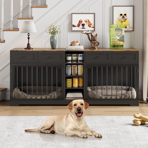 82" Double Dog Crate Furniture with Drawers and Shelves (Black / 81.9"L x 23.6"W x 33.5"H)