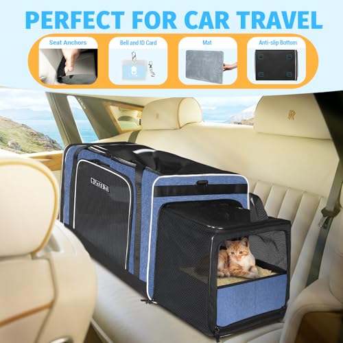 Side Expandable Extra Large Cat Carrier with Litter Box (Blue)