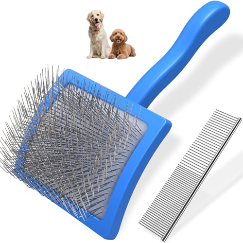 2PCS Slicker Brush for Dogs & Pet Comb (Blue / Large)