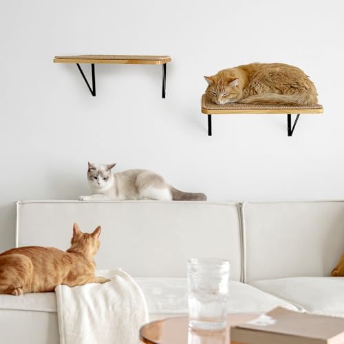 2Pack Wooden Cat Wall Shelves with Sisal Mat (Brownish white / 2 Pack 1 Steps)