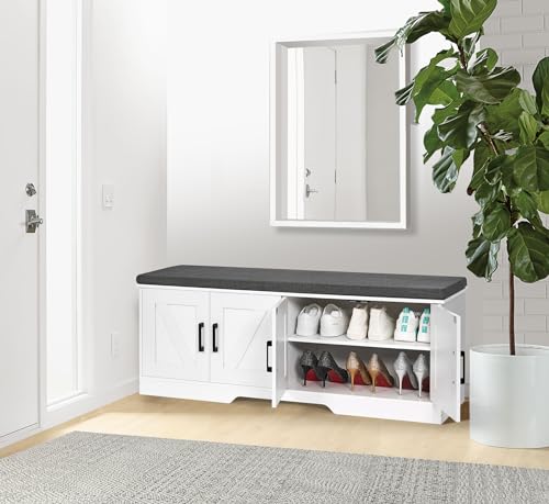 Farmhouse Shoe Storage Bench with 4 Barn Doors & Padded Seat Cushion (White / 47.2" Wide)