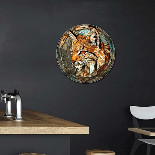 Metal Sign Tin Sign Circular Stained Glass Bobcat Funny Outdoor Decor for Club 8×8 Inches (8×8 Inches / Bobcat-2)