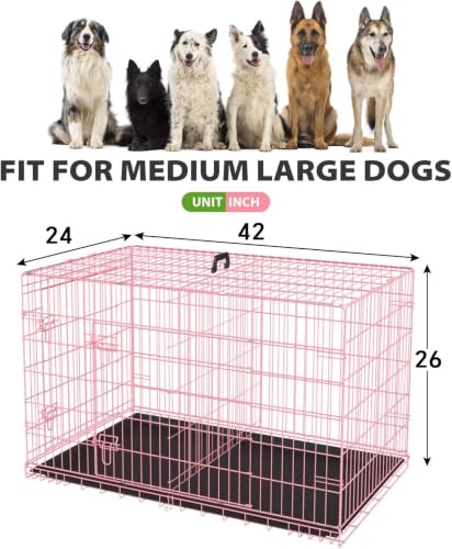 Dog Crate 42" Foldable Metal Kennel with Double Doors (Pastel Pink)