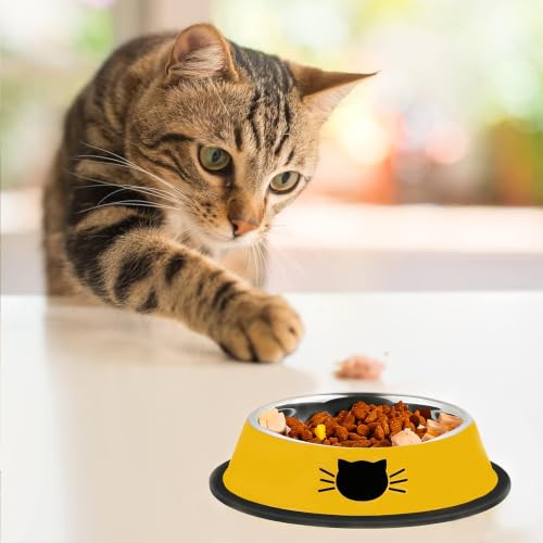 2 Pcs Non Slip Stainless Steel Small Cat Food Bowls (Yellow / 7 oz)