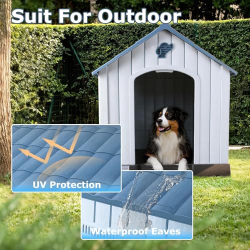 Durable Waterproof Plastic Dog House for Small to Medium Sized Dogs (Blue / 33.5"L x 31.5"W x 33.9"H)