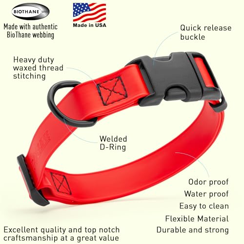 Biothane Waterproof Dog Collar with Quick Release Buckle Strong Coated Nylon Webbing with Odor (3/4"W by 12-19"L / Cherry Red)