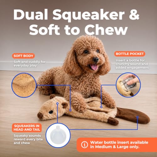 2-in-1 Stuffless Squeaky Dog Toy - Squirrel, Medium (Brown Snow Leopard / Medium)