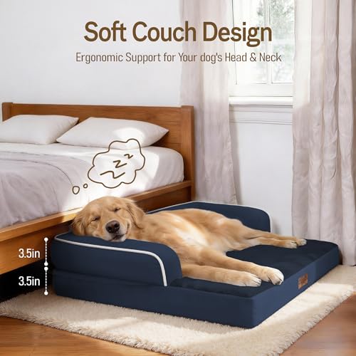 Waterproof XXL Dog Bed with Bolster for Extra Large Dogs (Navy Blue / 45"L x 35"W x 8"Th)