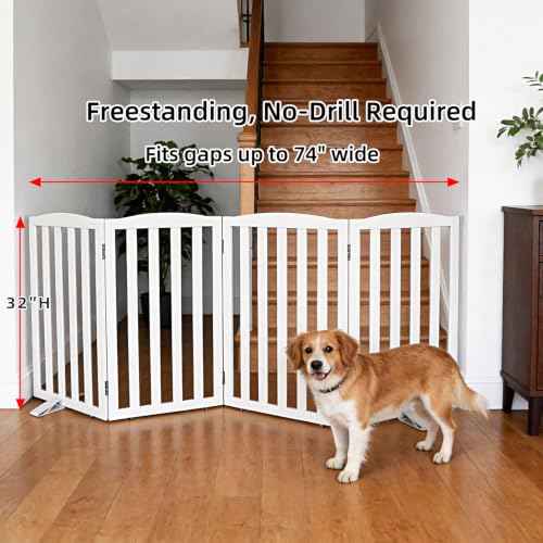 Foldable Freestanding Indoor Dog Gate for House Wood White Long Pet Gates Dog Fence for Stairs Puppy Gates for Hallways (White / 【4 Panels】80''w X 32''h)