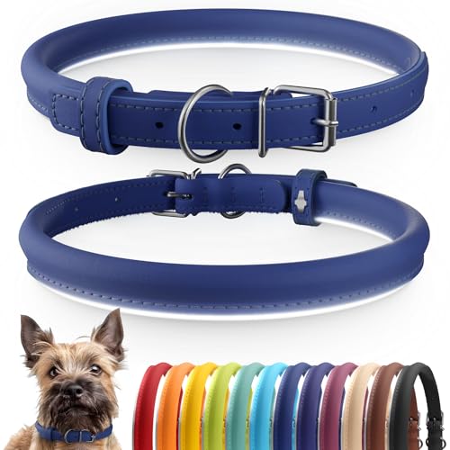 Tangle Free Reflective Leather Dog Collar (Deep Blue / XS)