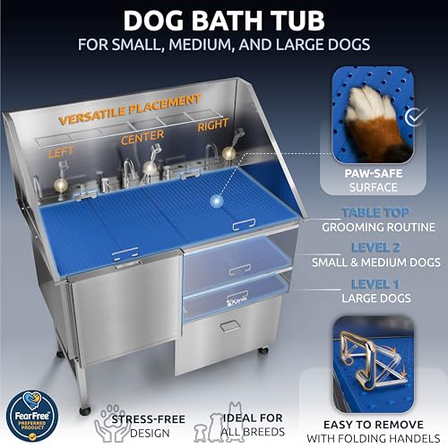 Professional Dog Washing Station 304 Stainless Steel Pet Wash Sink (Silver, Left Ramp, 1 Drawer / 50 Inches)