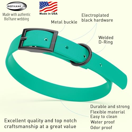 Biothane Waterproof Dog Collar Strong Coated Nylon Webbing with Black Hardware Odor (W5/8" x L12-15" / Teal)