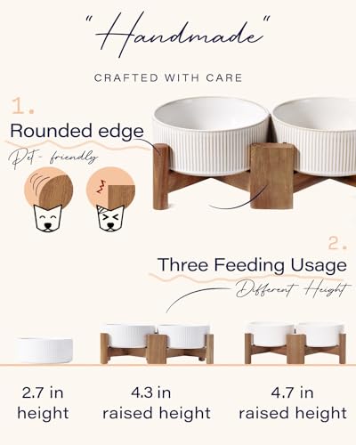 Ceramic Dog Bowls Set with Acacia Wood Stand (Large-3.5Cups / Vintage White)
