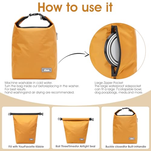 Pet Food Storage Dog Food Travel Container with 2PCS Collapsible Dog Travel Bowls Waterproof Kibble Storage Bag (Yellow / 12L)