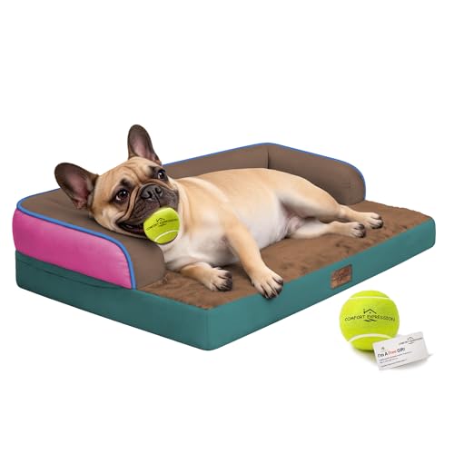 Washable Dog Bed with Bolster for Medium to Large Dogs (Jungle Berry / 36"L x 27"W x 7.5"Th)