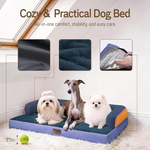 Washable Dog Bed with Bolster for Medium to Large Dogs (Tangerine Twilight / 36"L x 27"W x 7.5"Th)