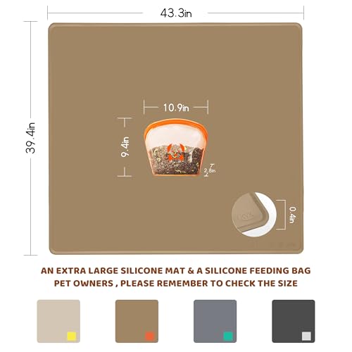 Extra Extra Large Silicone Dog Food Mat 39.4×43.3in and 128oz Silicone Bag Set (39.4"L x 43.3"W / Taupe Mat & Orange Bag)