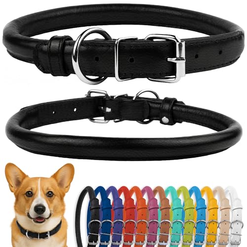 Tangle Free Rolled Leather Dog Collar (Black / M)