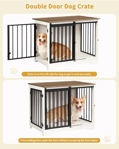 31.9" M Dog Crate Furniture Indoor Dog Kennel with Barn Door (White Brown / 31.9"L x 21.7"W x 26.6"H)